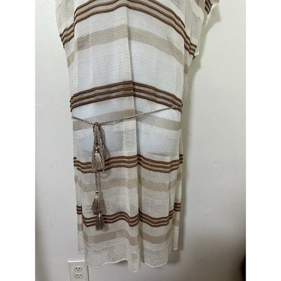 Chicos Crochet Stripe Sheer Belted Dress Swim Coverup Size L Neutral Beachy NWT - Picture 4 of 7